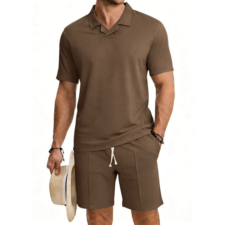 Herren nan kurzärmeliges Polo-Lounge-Set mit V-Einsatz am Kragen und Kordelzug-Bermuda Drune