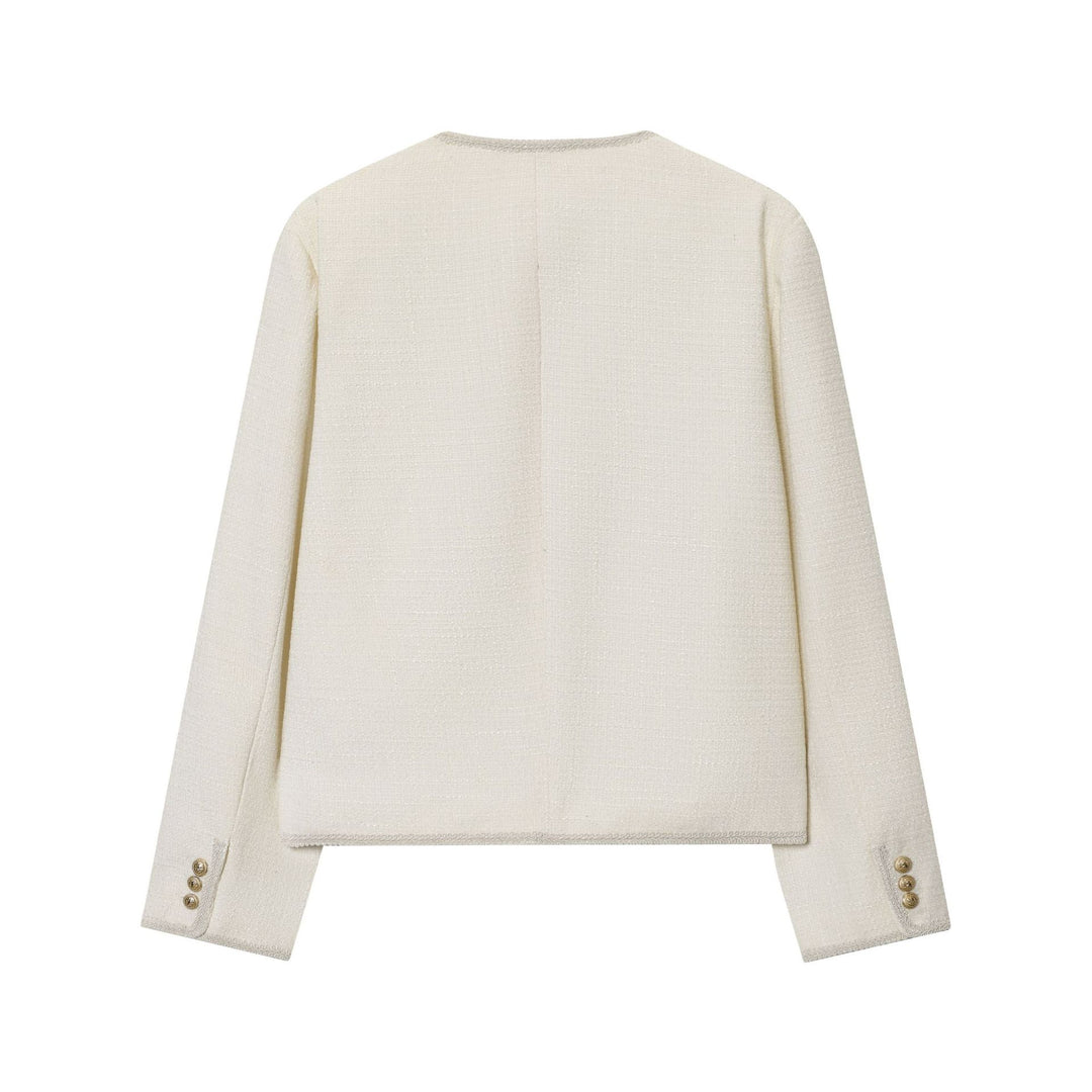 Damen nan kastige Bouclé-Jacke mit kontrastpaspel, vier Zier-Fronttaschen und goldenen Schmuckknöpfen Drune
