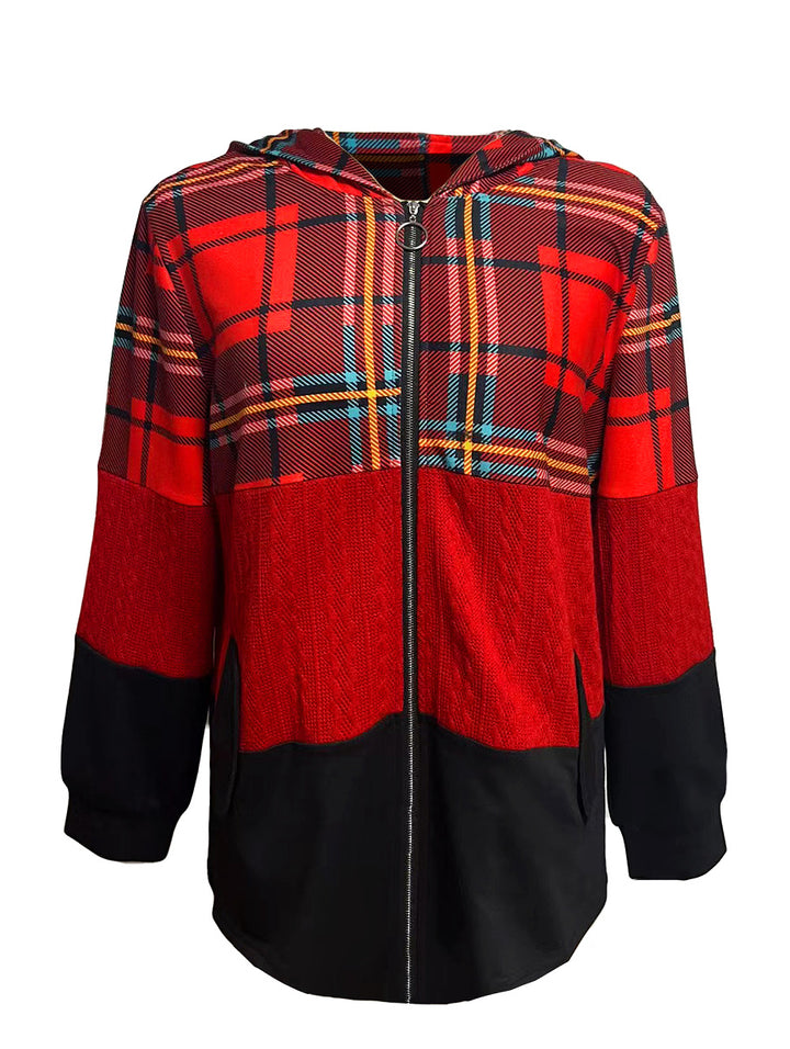 Damen nan lange Kapuzenjacke im Patchwork-Stil mit Karo‑ und Strickeinsätzen, Frontreißverschluss und Eingrifftaschen Drune