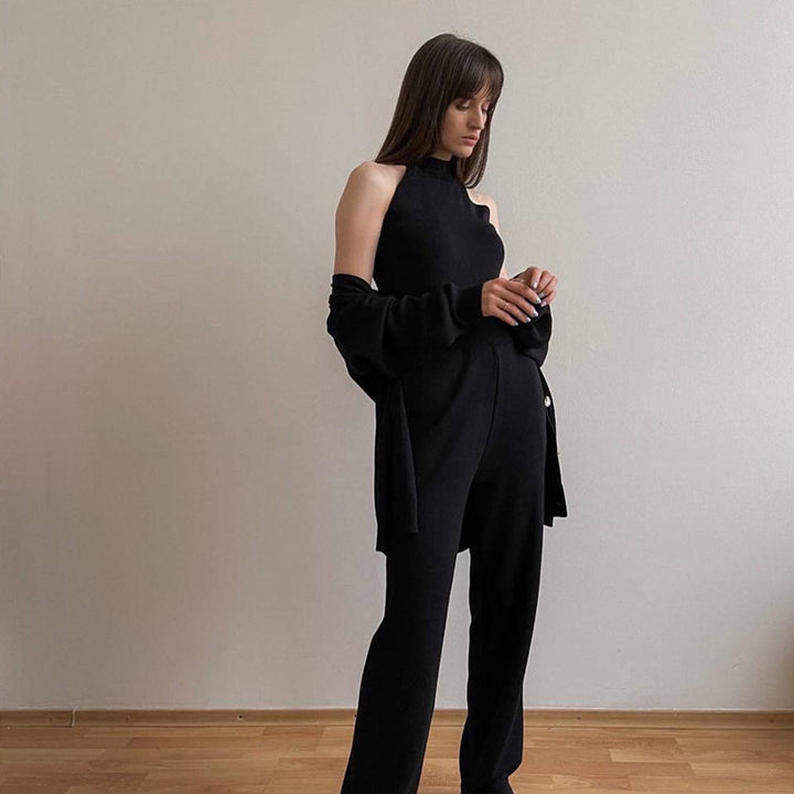 Damen elegantes Strick-Lounge-Set mit hohem Kragen und weiter Passform Drune