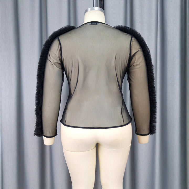 Damen transparente Bluse mit voluminösen Rüschen Drune