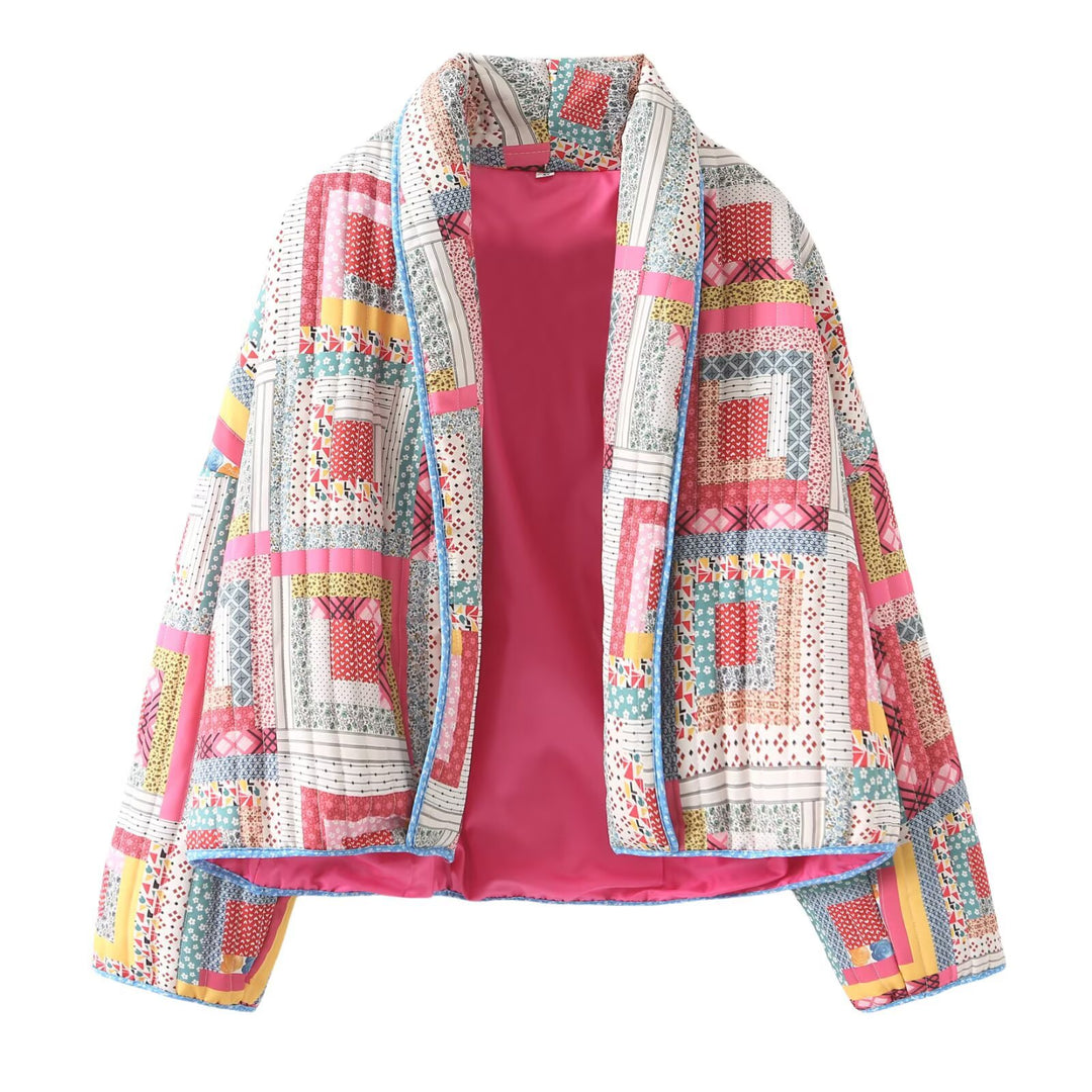 Damen nan gesteppte Patchwork-Kimonojacke mit glänzendem Satinfutter und weitem Schalkragen Drune