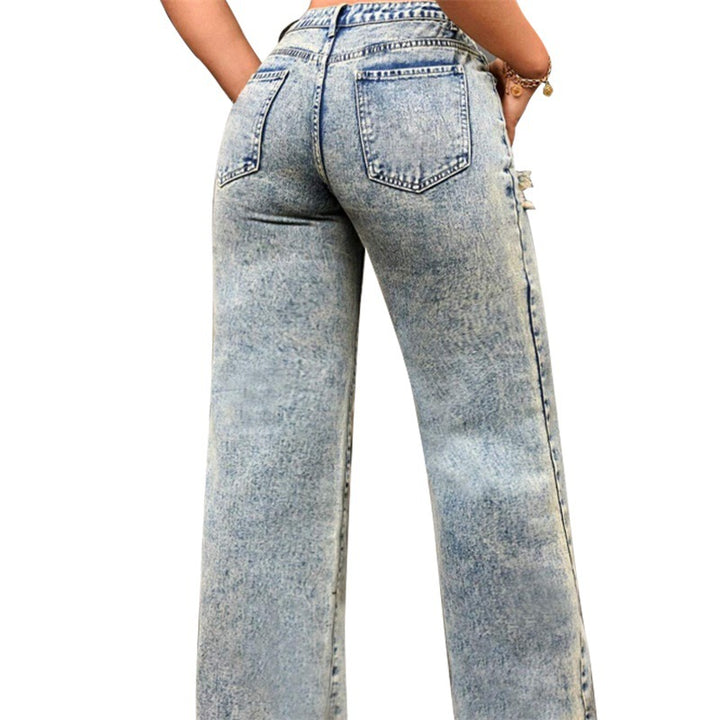 Damen High-Waist Relaxed-Jeans mit Steinwasch-Effekt und seitlichem aufgerissenem Einsatz Drune