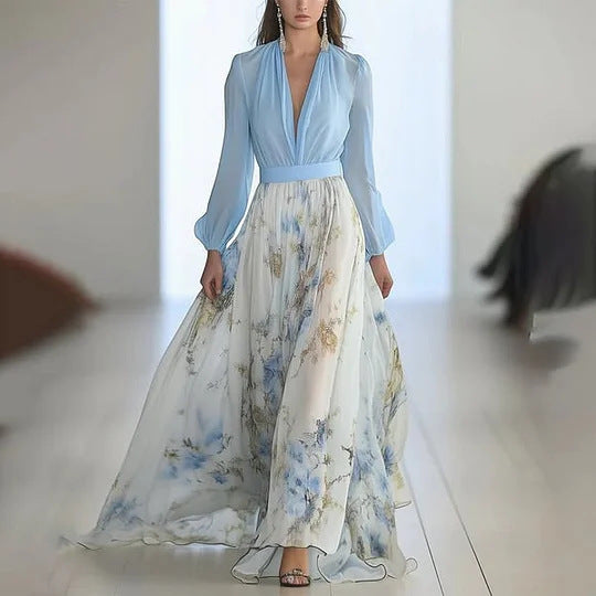Damen nan fließendes Chiffon-Maxikleid mit tiefem V-Ausschnitt, tailliertem Bund und langem Glockenrock Drune