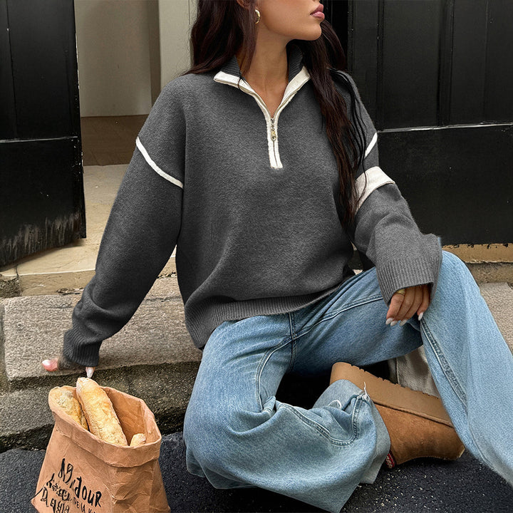Damen nan oversized Strickpullover mit halbem Reißverschluss, Kontrastpaspeln und überschnittener Schulter Drune