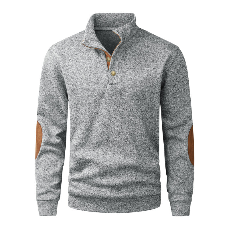 Herren Strickpullover mit Stehkragen, Knopfleiste & Ellbogenpatches Drune