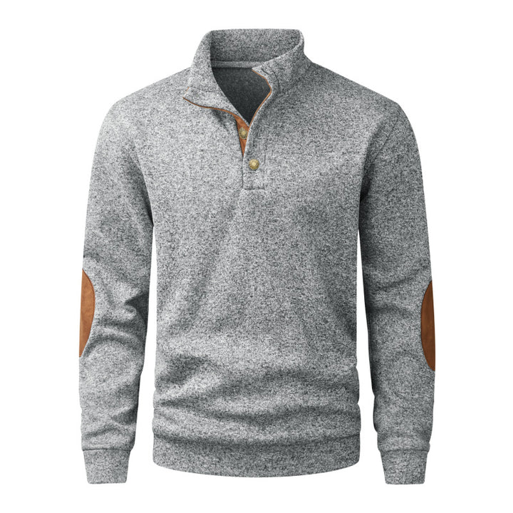 Herren Strickpullover mit Stehkragen, Knopfleiste & Ellbogenpatches Drune