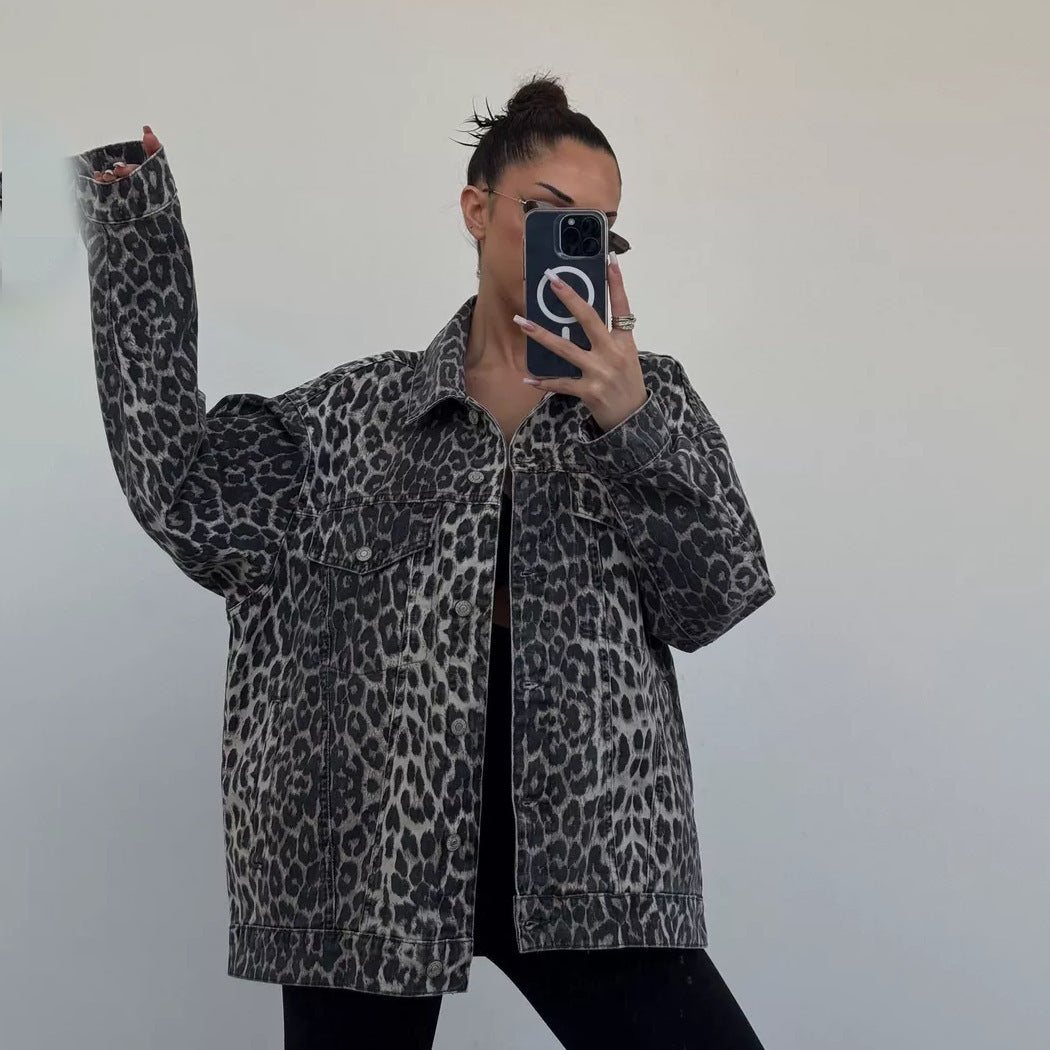 Damen Oversized Jeansjacke mit setzen Leo-Muster Drune