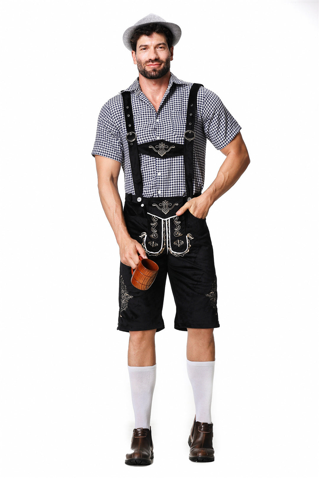 Herren nan authentische Trachtenlederhose kurz mit verstellbaren Trägern und aufwendiger Stickerei Drune