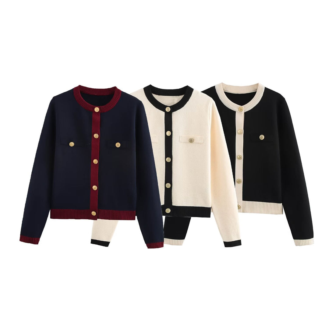 Drune | Frühling Goldene Knopf Kontrast Strick Cardigan Top