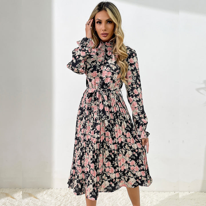 Damen Midikleid mit Blumenprint, Plissée‑Rock, Stehkragen und Bindegürtel Drune