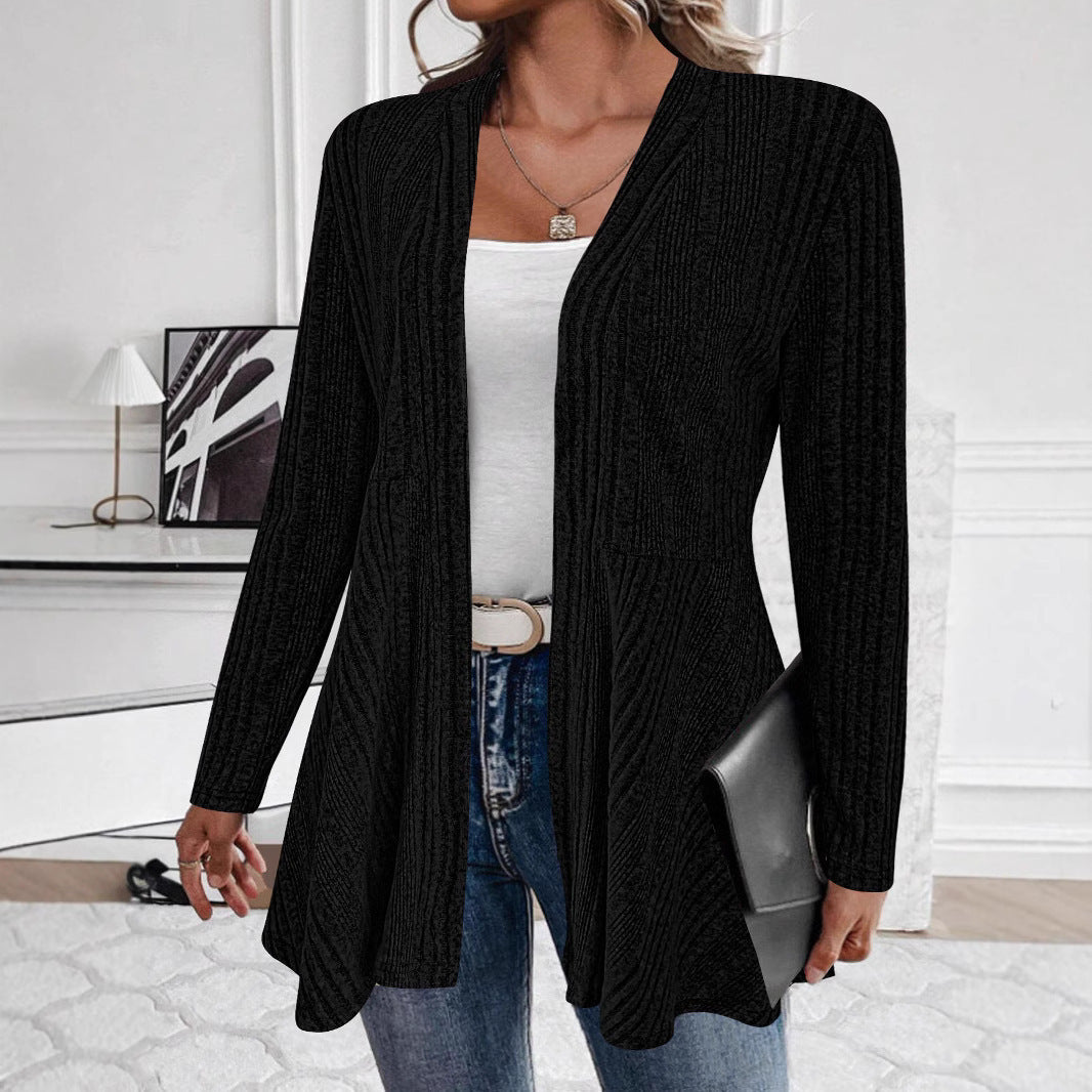 Damen Offener Feinstrick-Cardigan mit Rippstruktur, tailliertem Schnitt und schwingendem Saum Drune