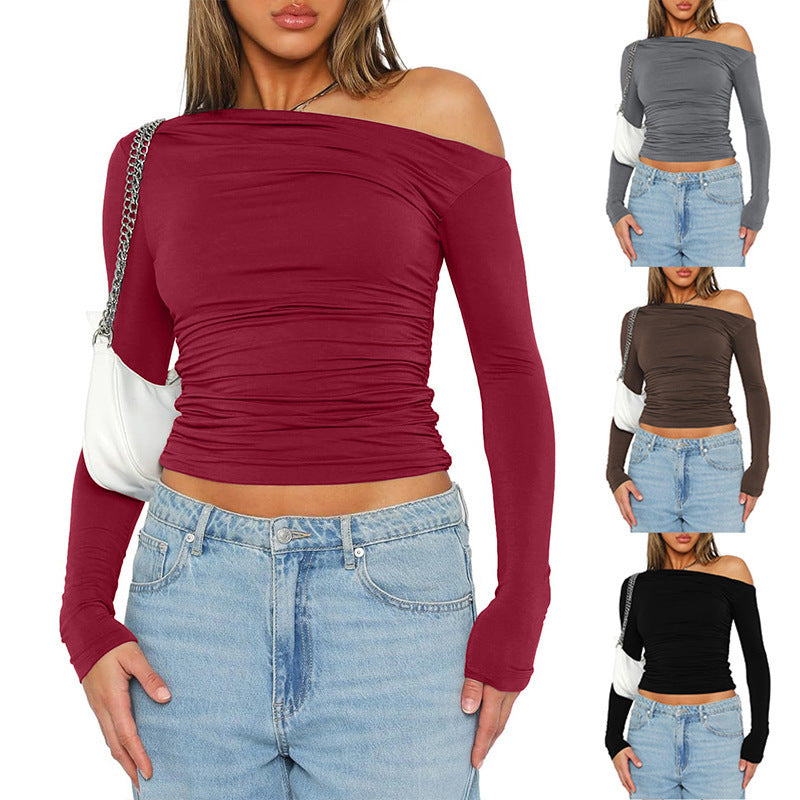 Damen figurbetontes Langarmshirt mit asymmetrischem Ausschnitt und Raffungen Drune