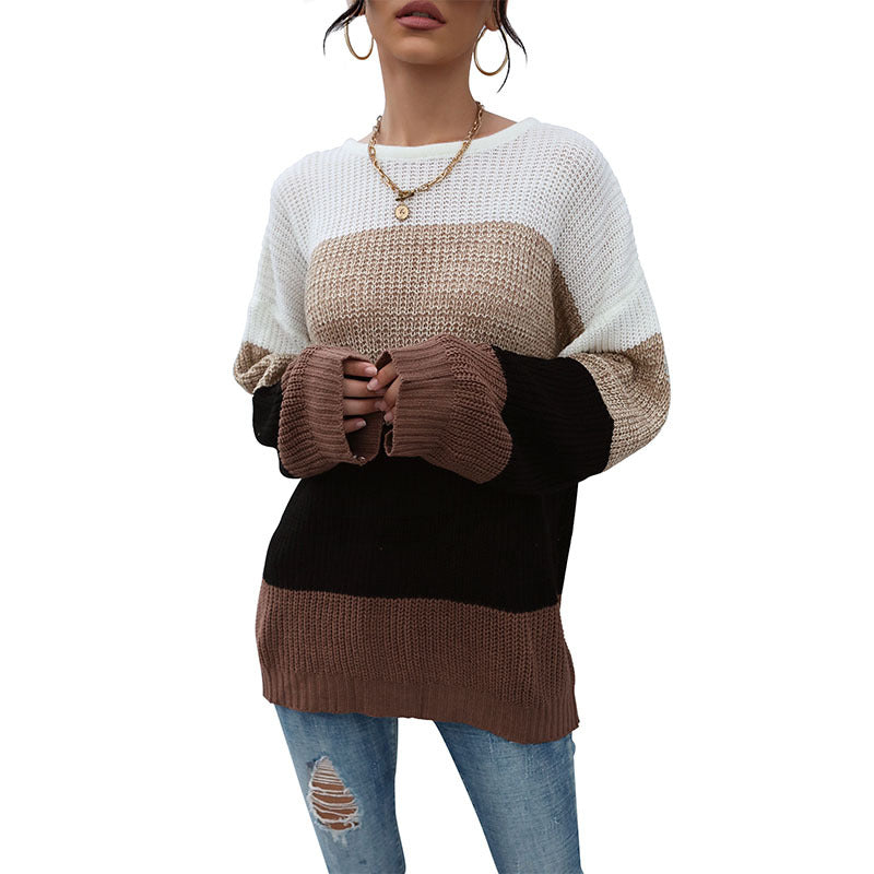 Damen Lässiger Farbblock-Strickpullover mit offener Maschenstruktur und Rundhalsausschnitt Drune