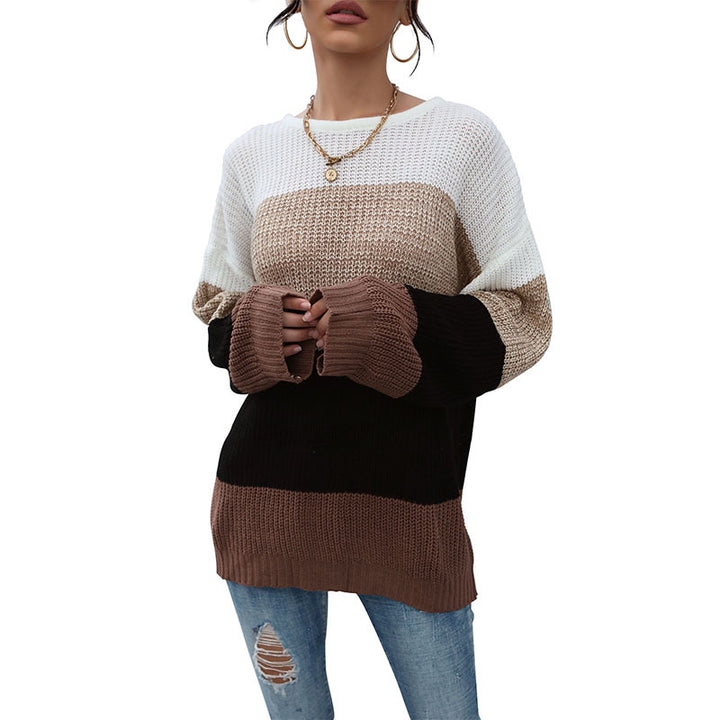 Damen Lässiger Farbblock-Strickpullover mit offener Maschenstruktur und Rundhalsausschnitt Drune