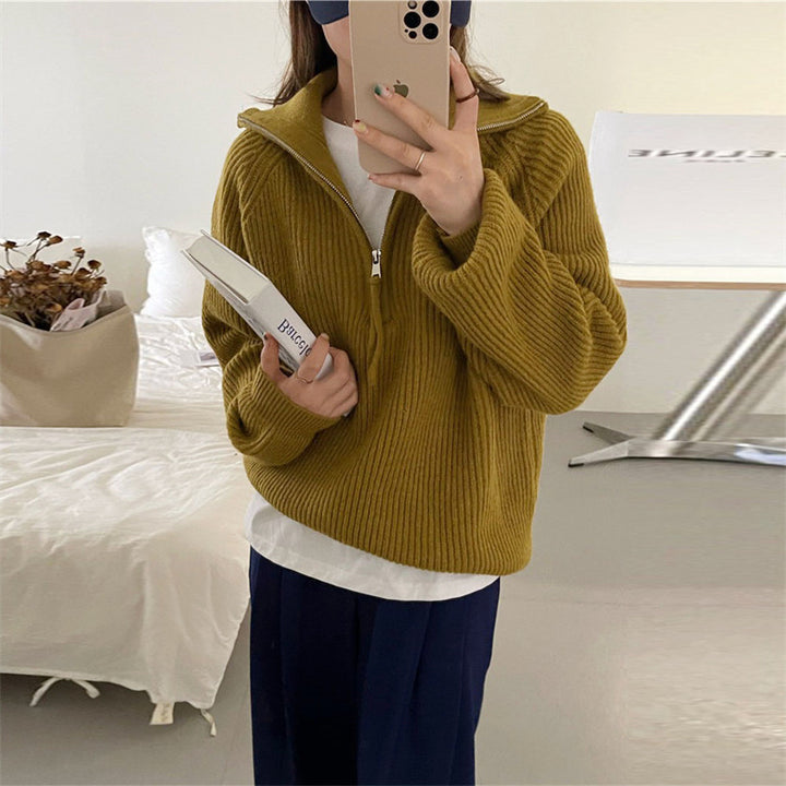 Damen Grobstrickpullover mit Reißverschluss und hohem Kragen Drune