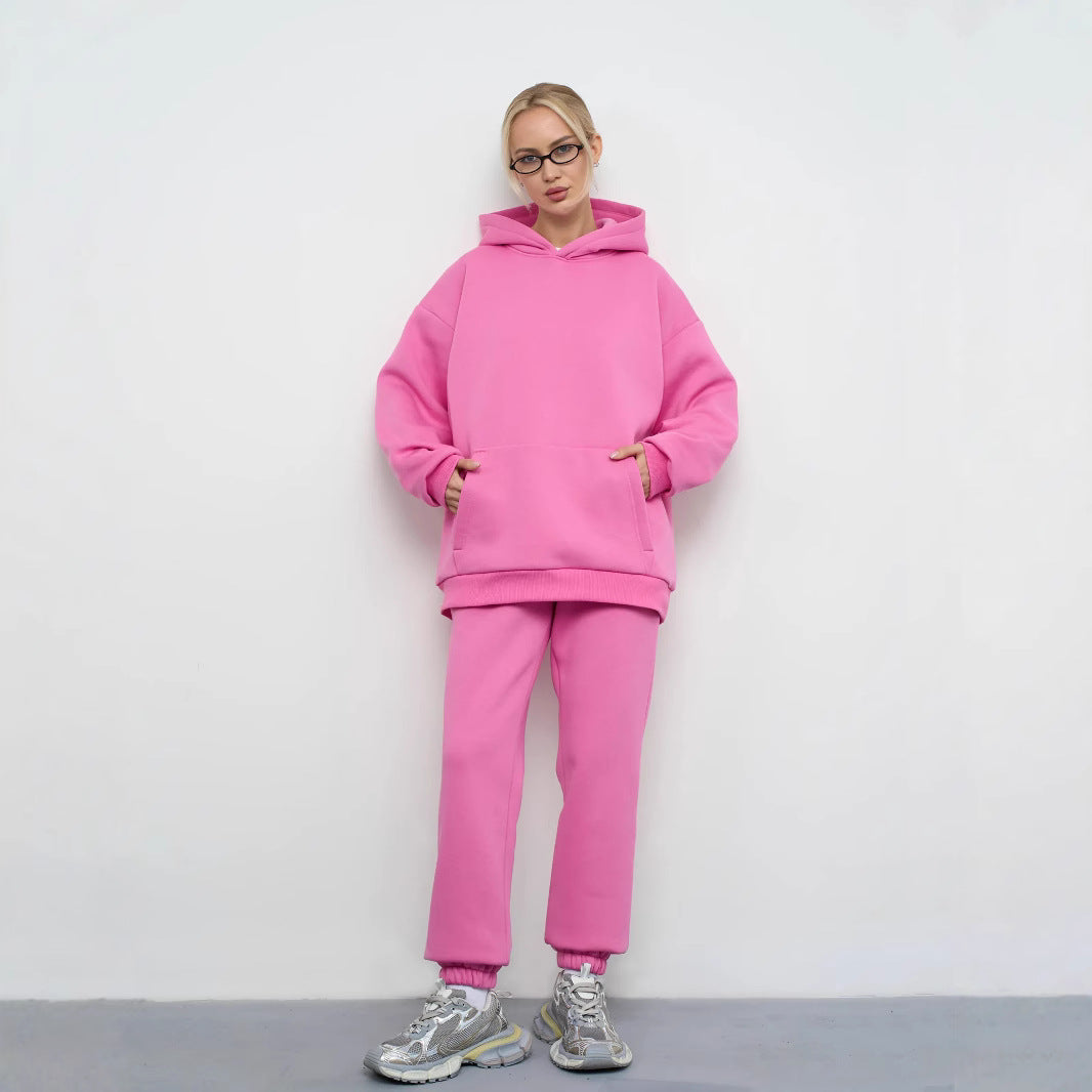 Damen lässiges Kapuzen-Sweatset aus schwerer Baumwollfleece mit Kängurutasche und gerader Jogginghose Drune