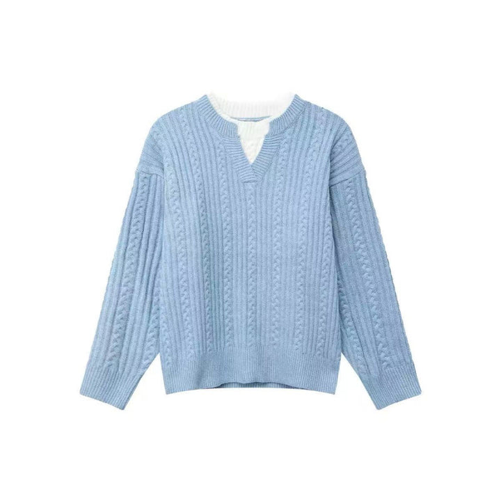Damen Grobgestrickter Zopfmuster-Pullover mit V‑Ausschnitt und Lagen‑Optik Drune