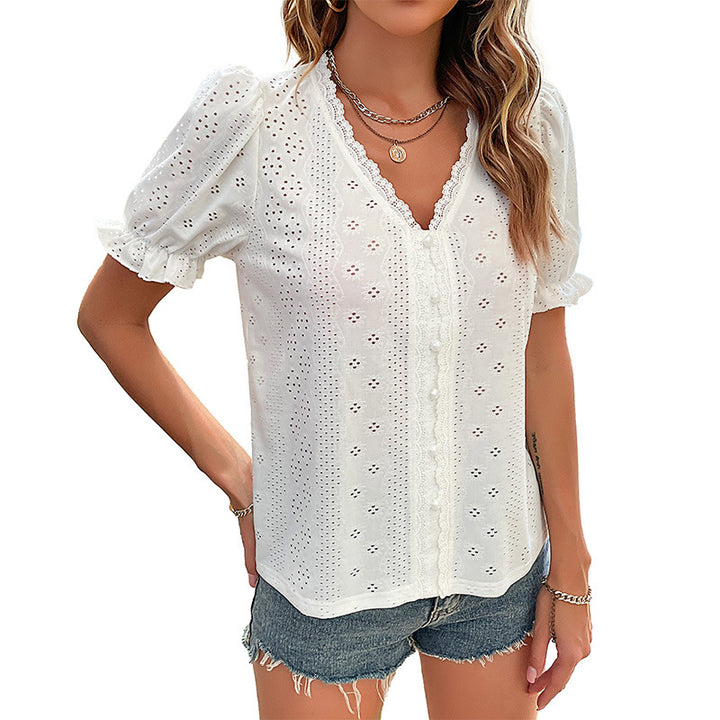 Damen Bluse mit eleganten Lochstickereien und femininen Puffärmeln Drune