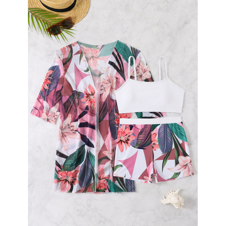 Damen Bademode-Set mit floralem Musterdruck und luftiger Wickeljacke Drune