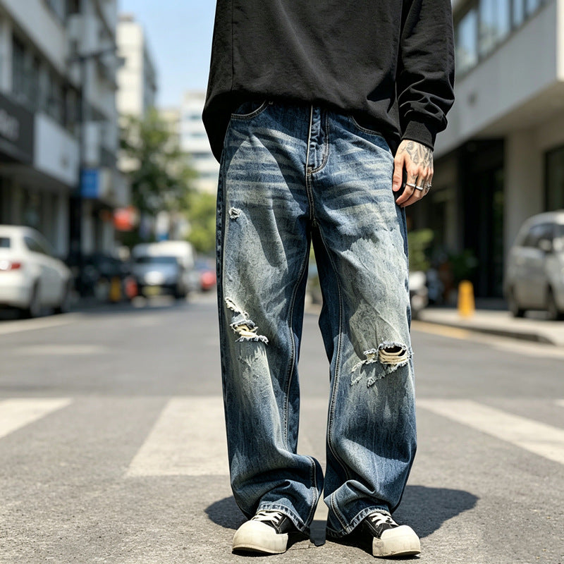 Herren Lässige Weit Geschnittene Ripped Jeans Drune