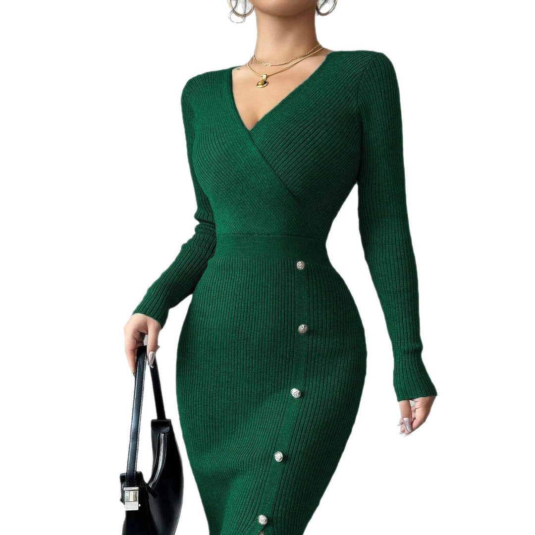 Damen Strickkleid mit Wickel-Design und dekorativen Knöpfen Drune