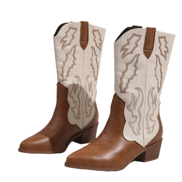 Damen nan Cowboystiefel im Westernstil mit mittelhohem Blockabsatz spitzer Zehenkappe und dekorativer Stickerei Drune