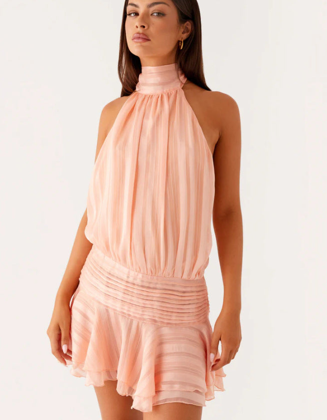 Damen Neckholder Minikleid mit Rüschensaum und gepolstertem Oberteil Drune