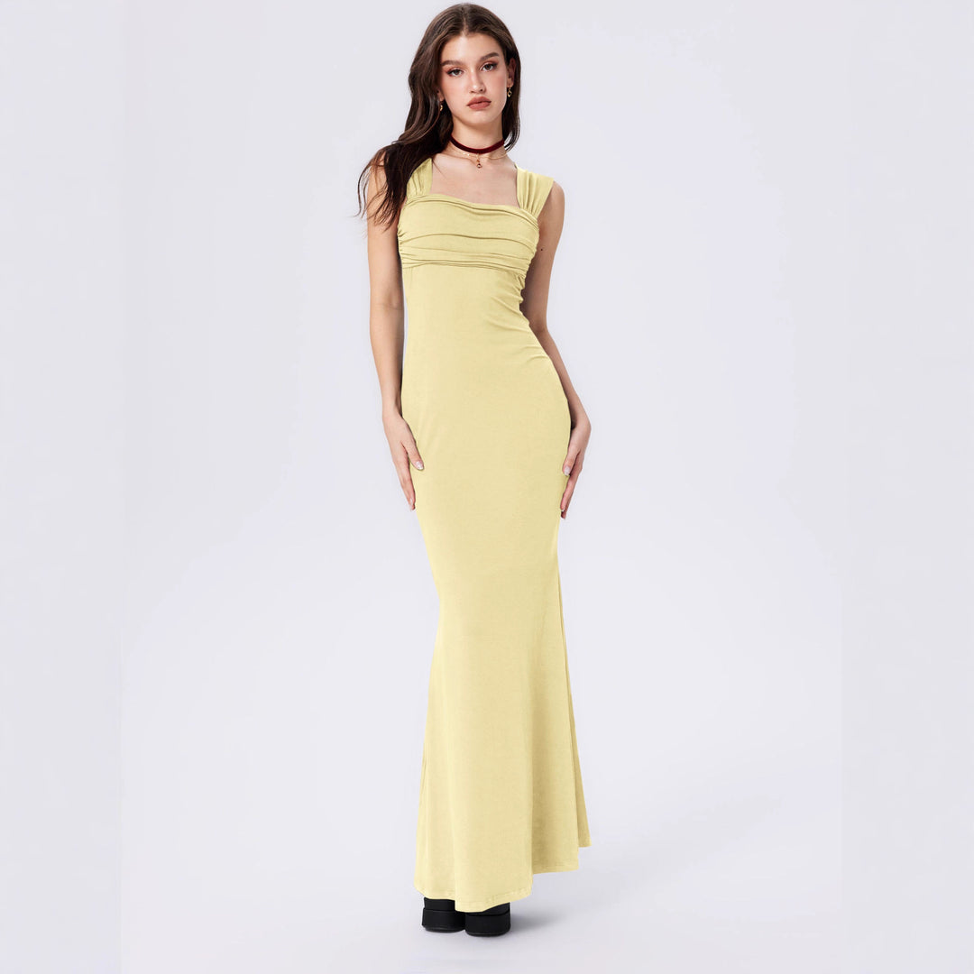 Damen figurbetontes Maxikleid mit gerafftem Oberteil und modernen Trägern Drune