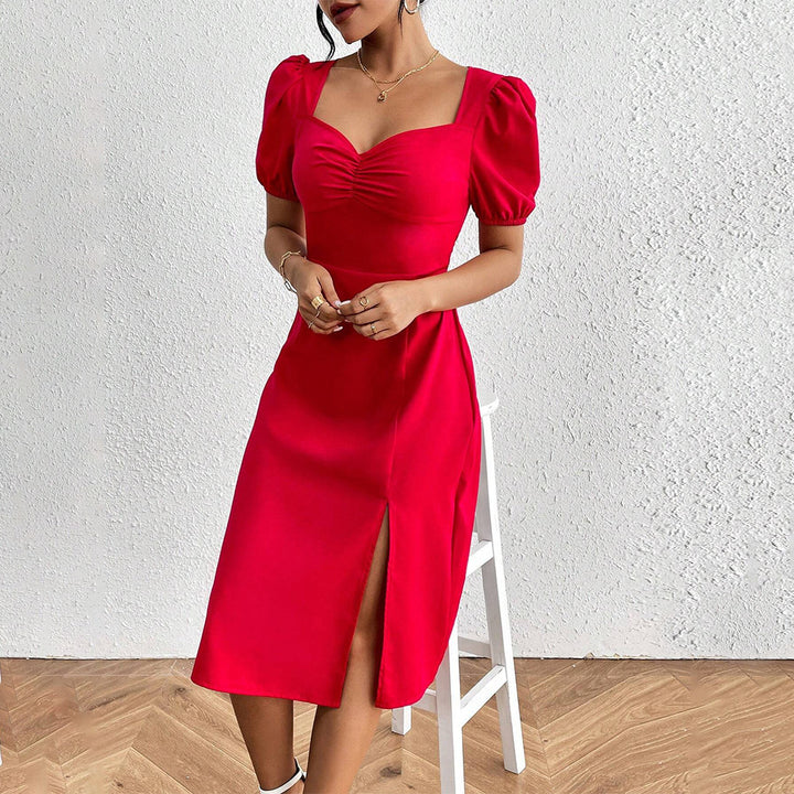 Damen Midi-Kleid mit Puffärmeln und raffiniertem Rüschendetail Drune
