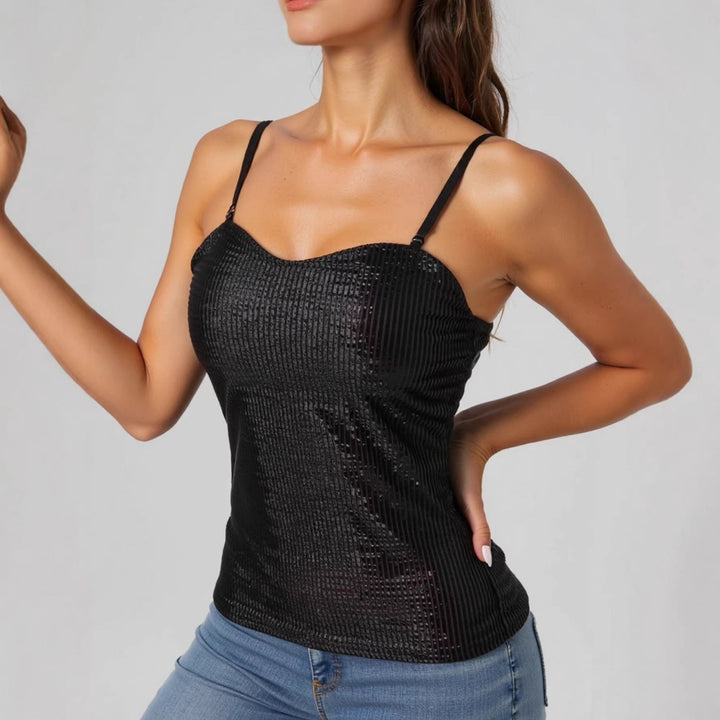 Damen elegantes Spaghettiträgershirt mit luxuriösem Paillettenbesatz und feinem Rippstrick Drune