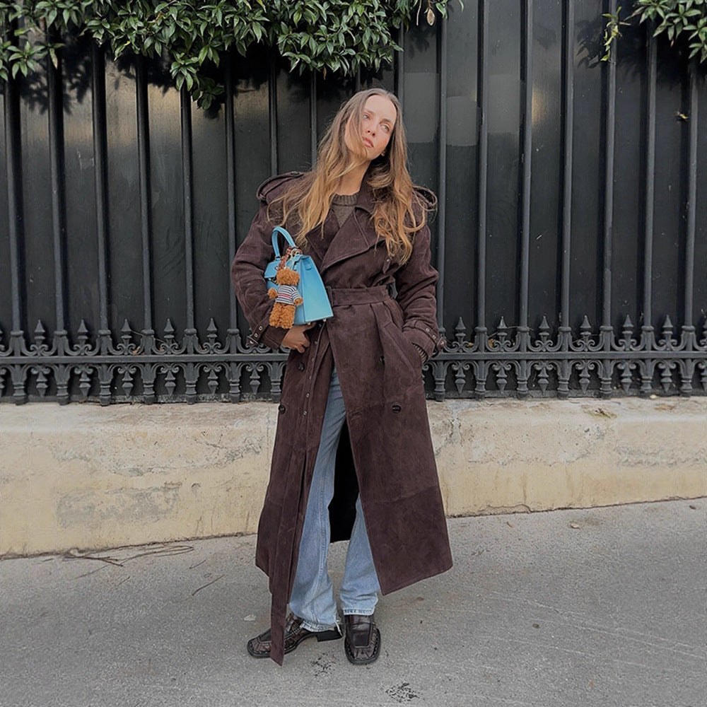 Damen Edler Suede-Trenchcoat mit breitem Kragen und praktischen Taschen Drune