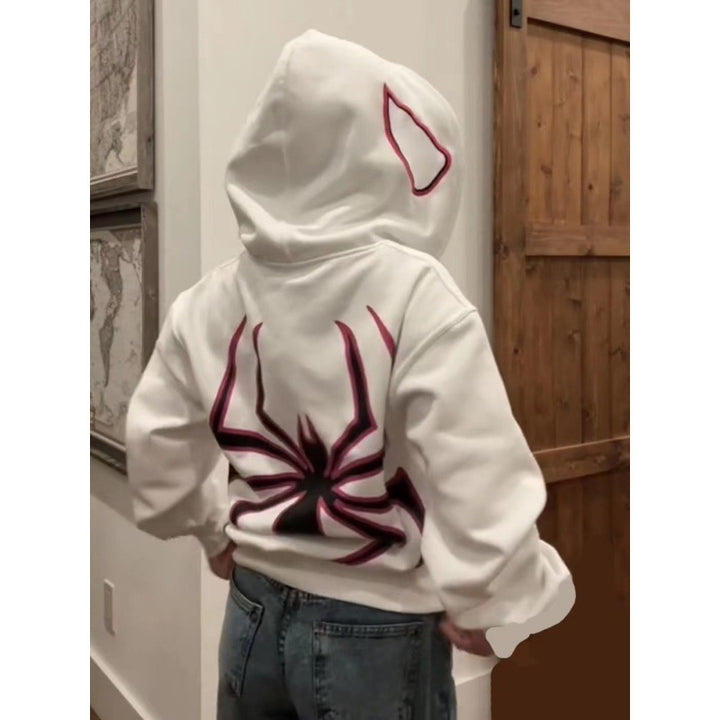 Unisex nan Kapuzenpullover mit kontrastiertem Spinnenmotiv Rückendruck und Ohrenkapuze Drune