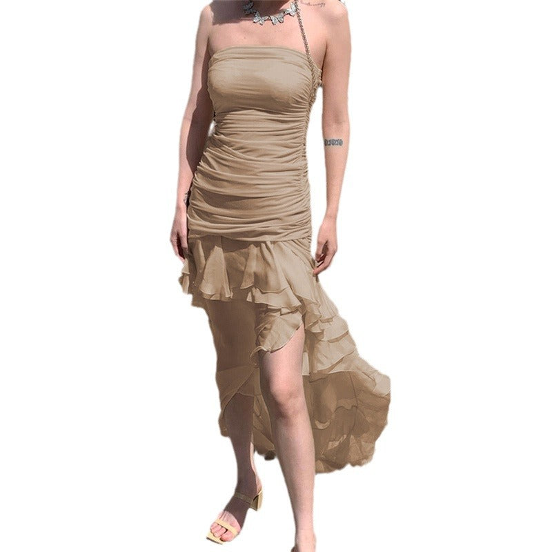Damen Raffiniertes Maxi-Kleid mit schulterfreiem Design und voluminösem Rüschensaum Drune