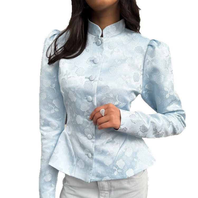 Damen Taillierter Jacquard-Blazer mit Stehkragen, Puffärmeln und Schößchen Drune