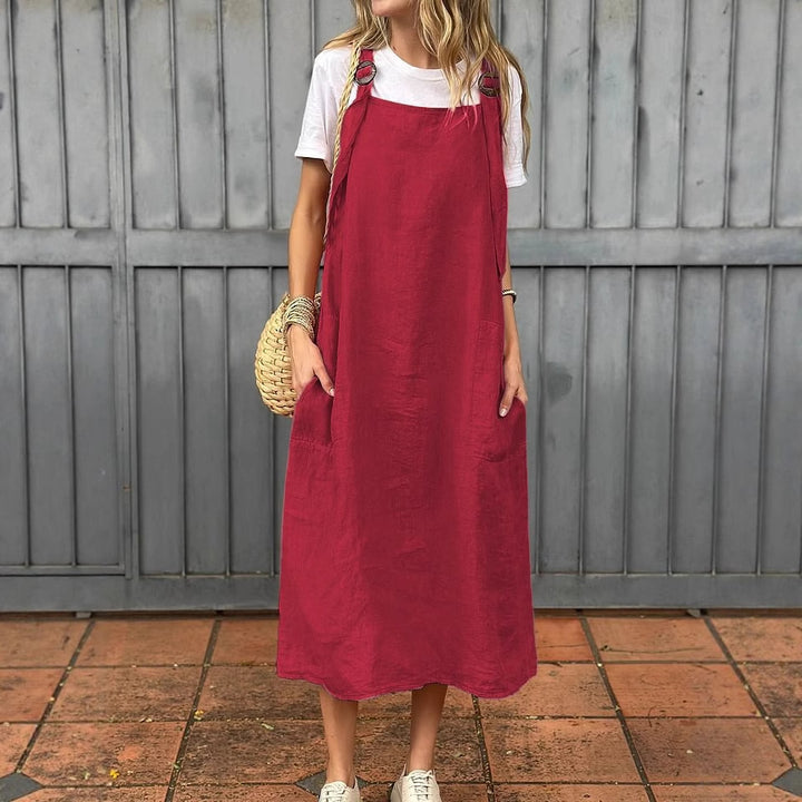 Damen Lässiges Leinenkleid mit verstellbaren Trägern und praktischen Taschen Drune