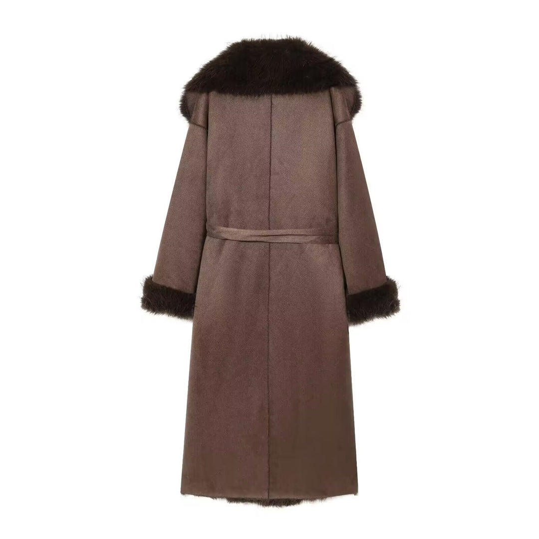 Damen Langer Lammfellimitat-Mantel mit Kapuze, Bindegürtel und Faux‑Fur‑Besatz Drune