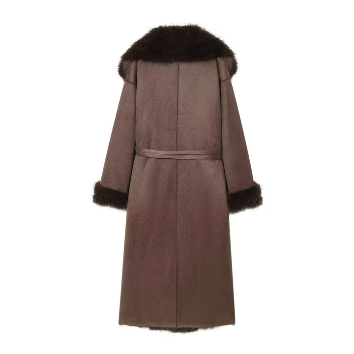 Damen Langer Lammfellimitat-Mantel mit Kapuze, Bindegürtel und Faux‑Fur‑Besatz Drune