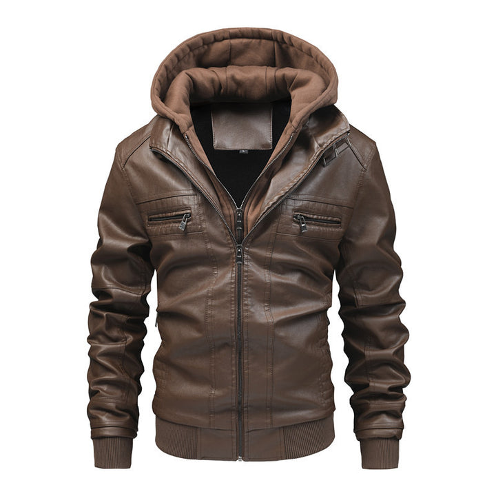 Herren Modische Kunstlederjacke mit integrierter Kapuze Drune