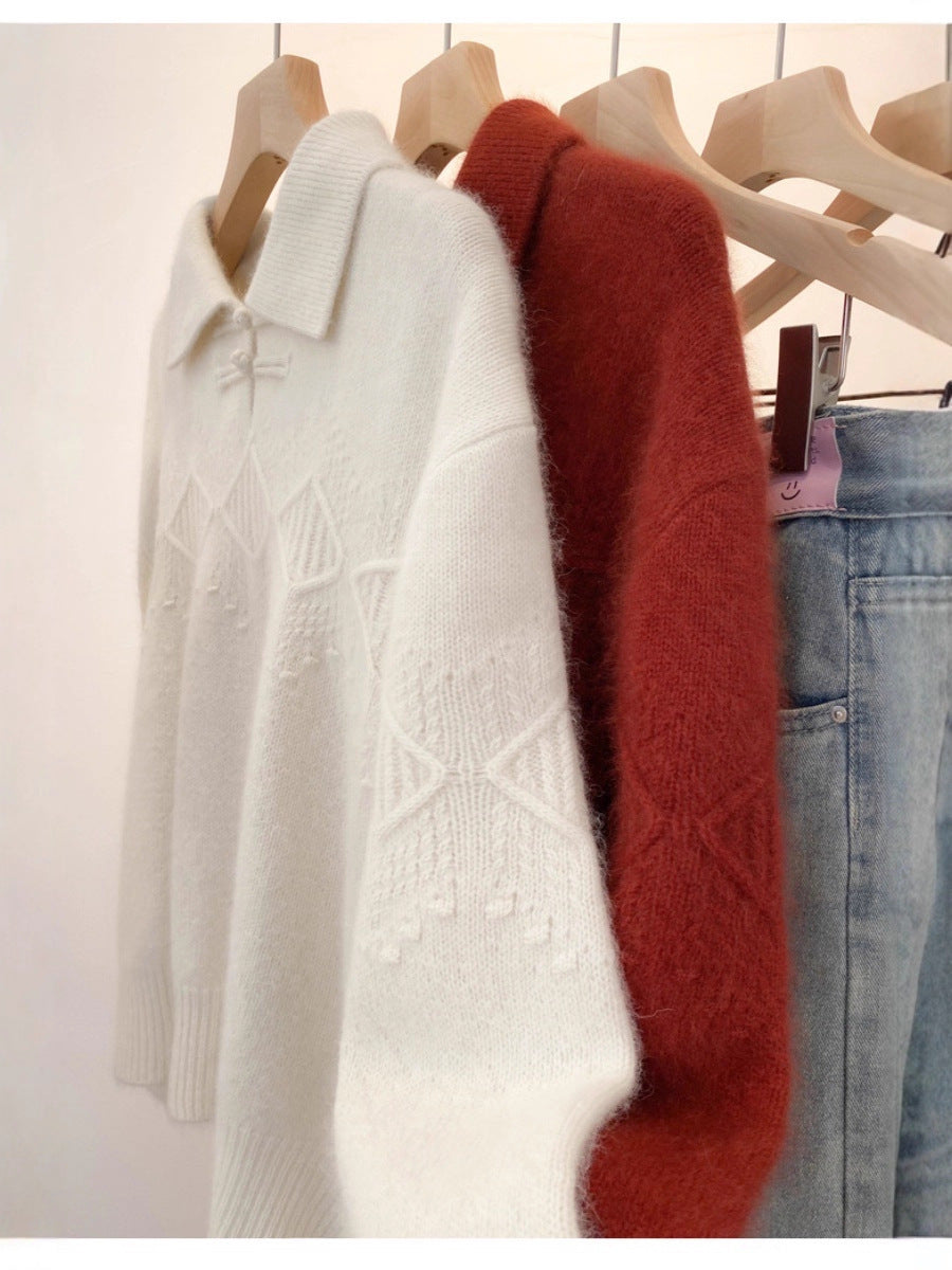 Damen Polokragen-Pullover im Mohair‑Look mit Ajour‑Zopfmuster, überschnittener Schulter und weiter Silhouette Drune