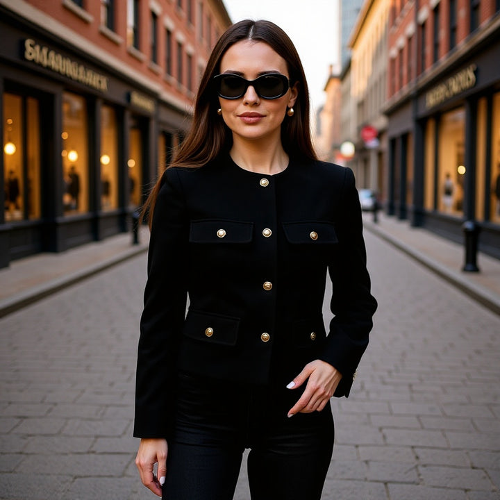 Damen Kurze Bouclé-Blazerjacke mit Rundhalsausschnitt, Zierleistentaschen und goldfarbenen Knöpfen Drune