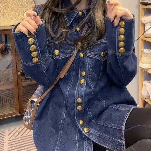 Damen Jeanshemdjacke mit goldenen Druckknöpfen Drune