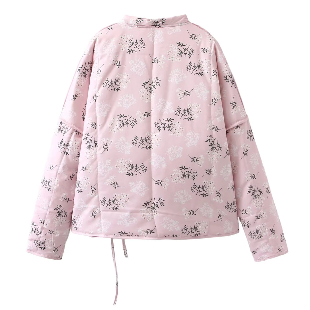 Damen nan wattierte Kimono-Übergangsjacke mit V-Ausschnitt Taille-Bindegürtel und zartem Blumenallover Drune