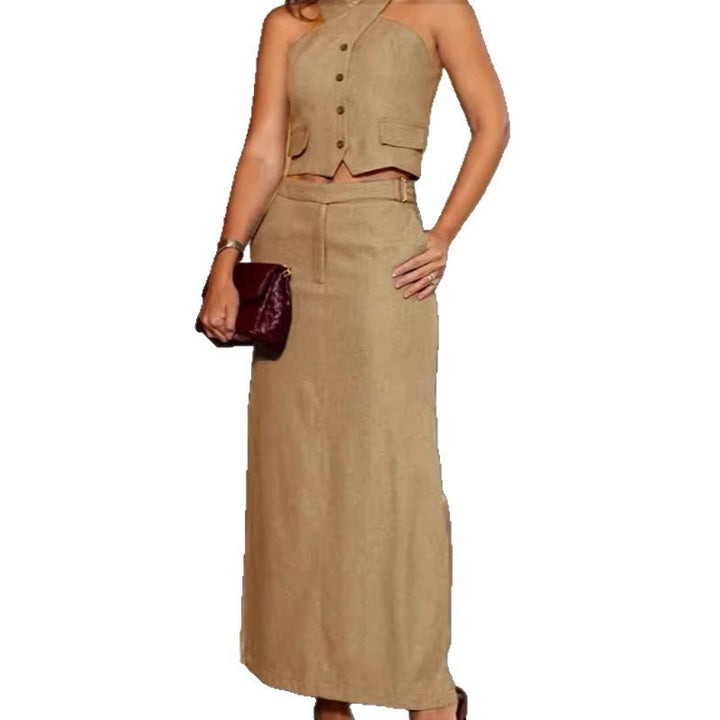 Damen nan elegantes Leinenmix-Zweiteiler-Set mit tailliertem Haltertop, Knopfdetail und hochgeschnittenem Maxirock Drune