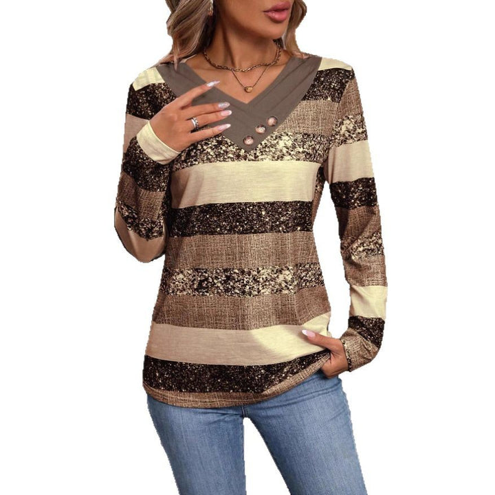 Damen Langarmshirt mit V-Ausschnitt, strukturierter Streifenoptik und Zierknopfleiste Drune
