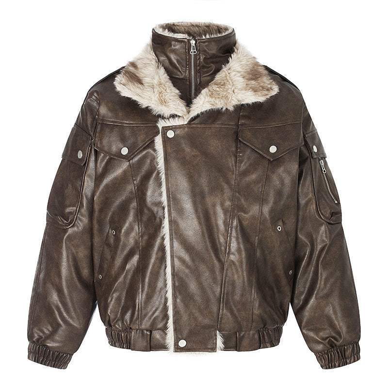 Damen Oversize Kunstleder-Fliegerjacke mit Teddyfutter und Stehkragen Drune