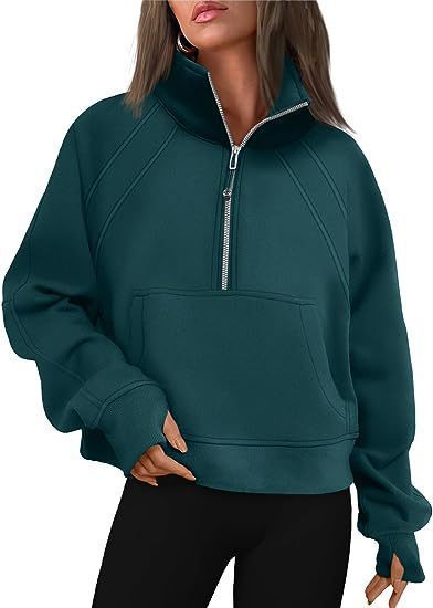 Damen nan weit geschnittenes Kurzpullover mit Stehkragen, halbem Reißverschluss und Kängurutasche Drune