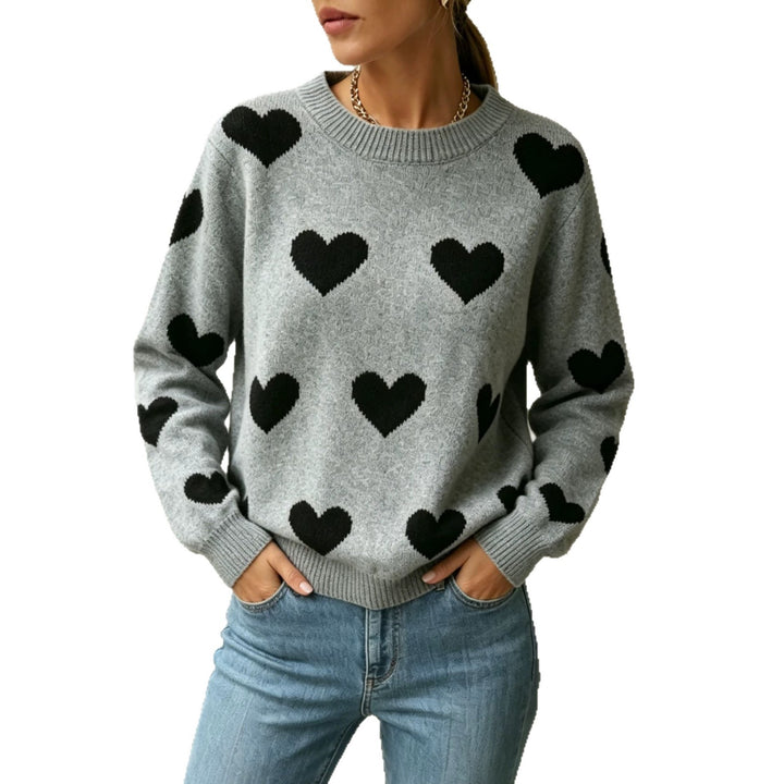 Damen Herz-Intarsien Rundhalspullover mit lässiger Oversize-Passform Drune
