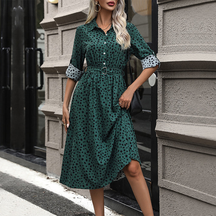 Damen Langärmliges Hemdblusenkleid mit Gürtel und Punkten Drune