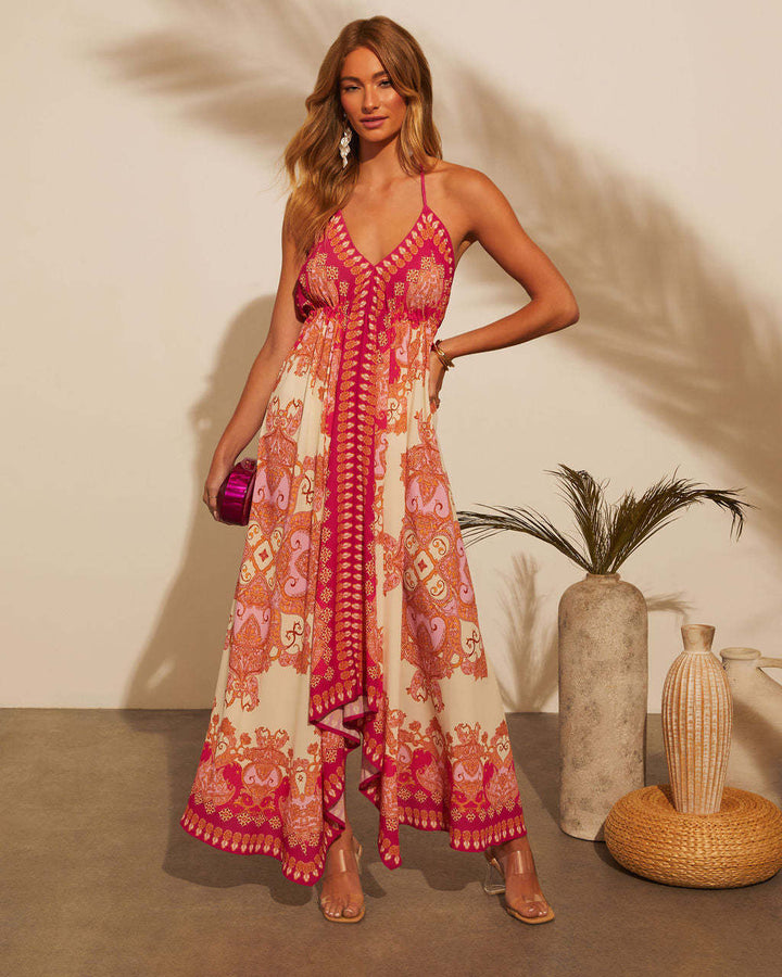 Damen Maxikleid mit trendigem Halterneck und künstlerischem Muster Drune